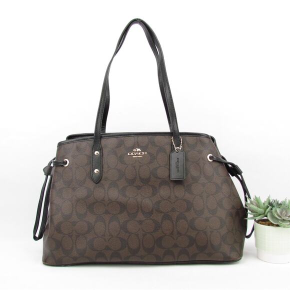 Coach Signature Drawstring Carryall Black Leather Coated Canvas - Picture 1 of 8